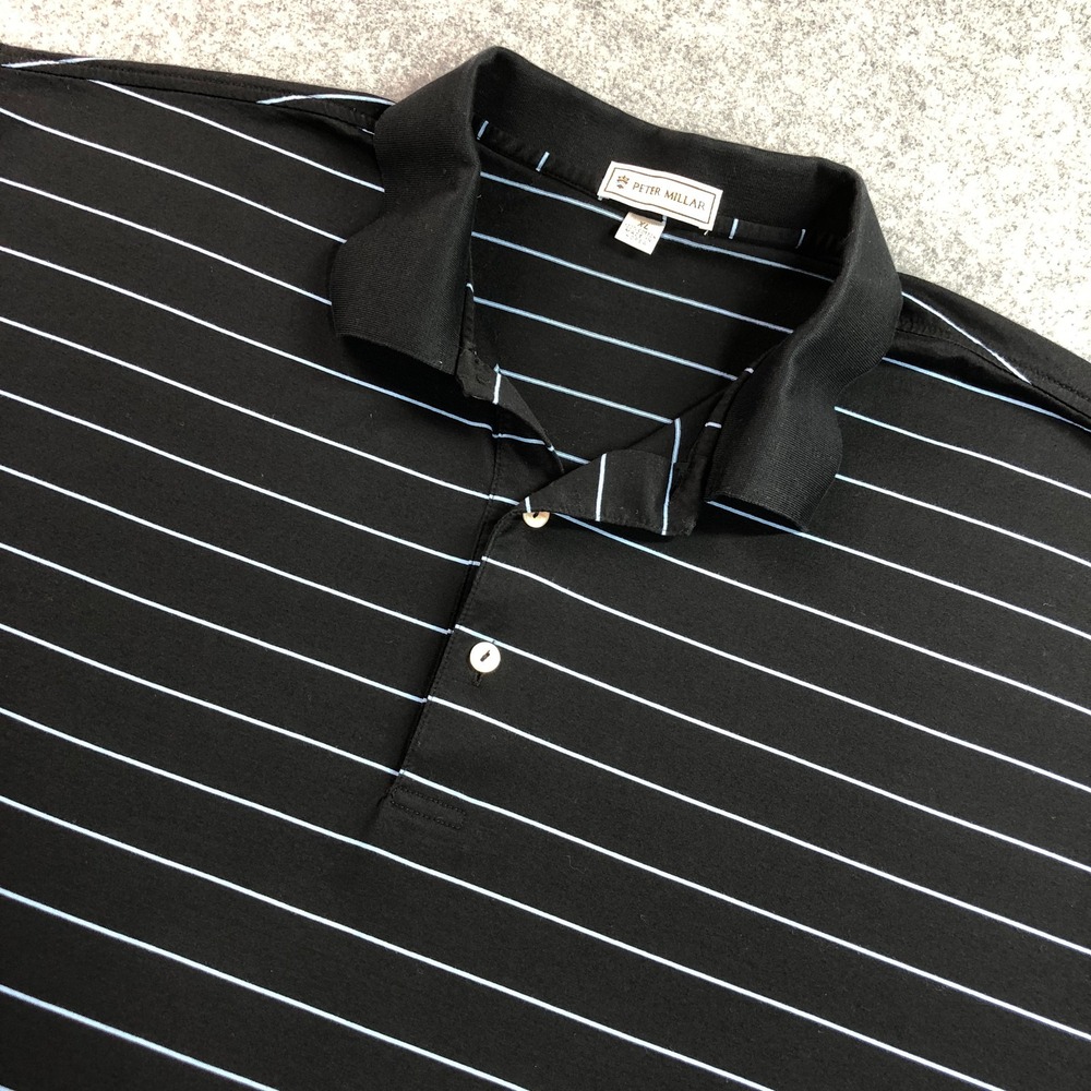 Peter Millar Mens Polo Shirt XL Black Blue Striped Diet Pepper Embroidered Logo